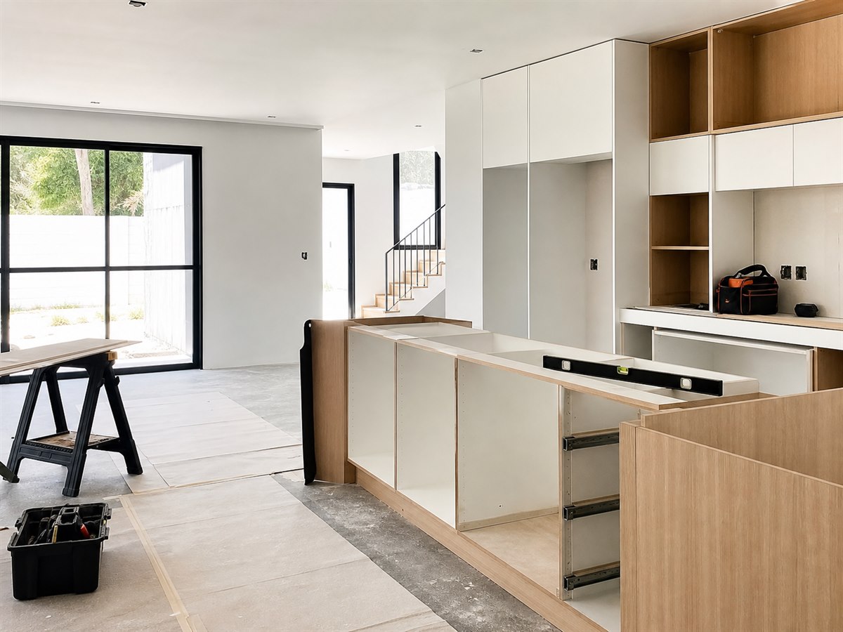 Clean residential renovation with cabinetry and interior finishes in progress