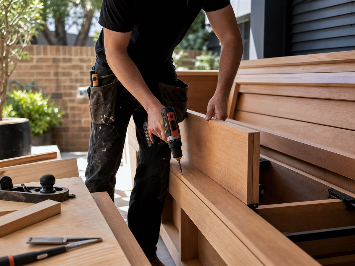 Sawblade carpenter fitting custom timber cabinetry
