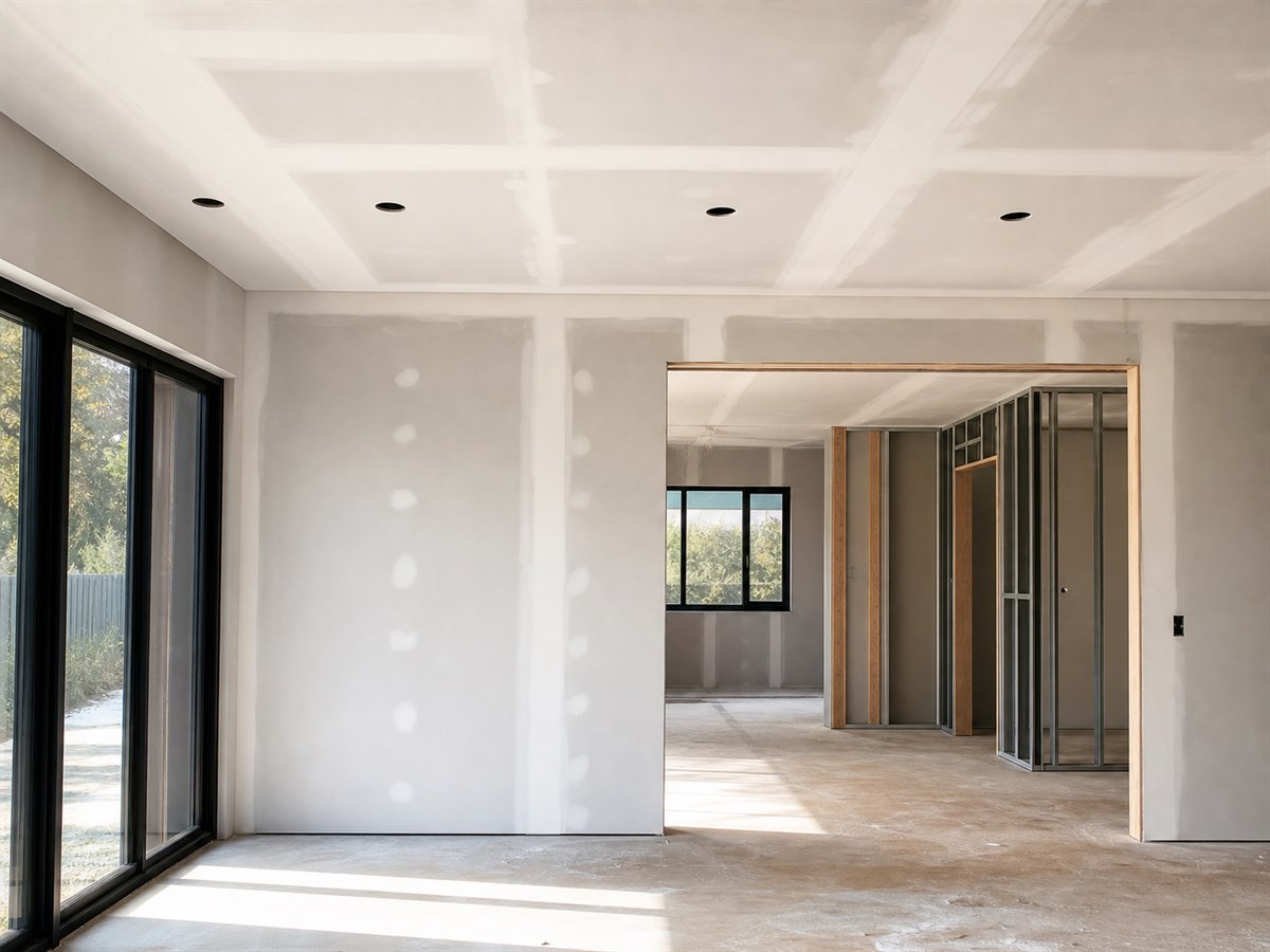 Ceiling boards and drywall partitioning installed in a modern interior