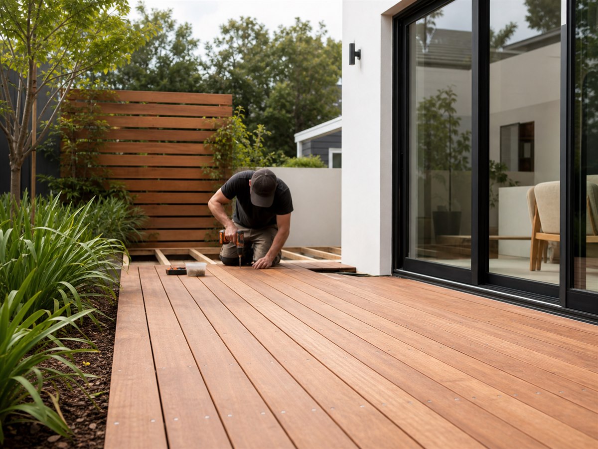 Timber deck boards being installed on a garden patio