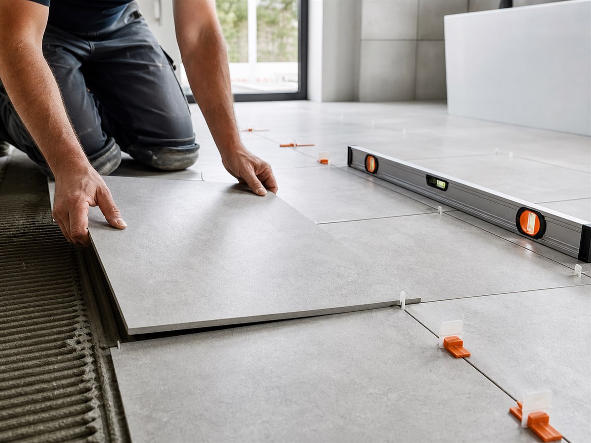 Professional floor tiling installation with level and spacers